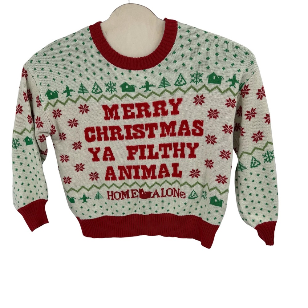 Home Alone Sweater Women LG White Merry Christmas Ya Filthy Animal Holiday Movie